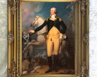 May include: A framed oil painting of George Washington on horseback, wearing a military uniform. The painting is set against a backdrop of a battlefield with soldiers and a white horse.