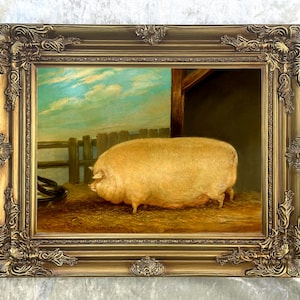 Fijne lithografie op canvas van een prijsvarken op een stal