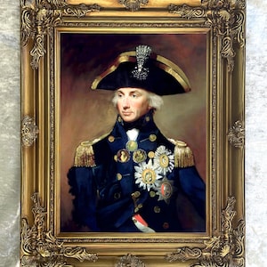 Magnífica reproducción enmarcada y ornamentada de una pintura al óleo sobre lienzo estirado del almirante Horatio Nelson.