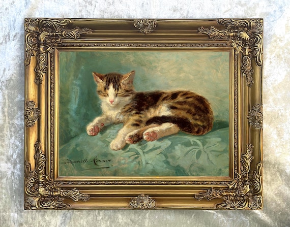 Ornate Framed Oil Painting Print on Canvas of a Tabby Cat on a Cushion