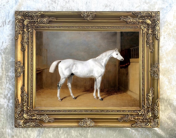 Fine Ornate Framed Lithograph on Stretched Canvas of a Grey Stallion in a Stable