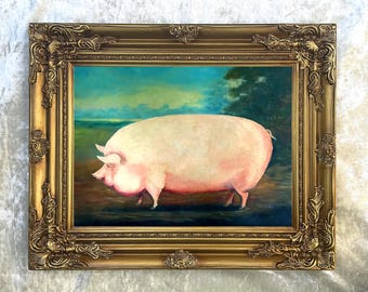 賞品の豚 19世紀フォークアート油絵複製画、納屋にいる白いぽっちゃり