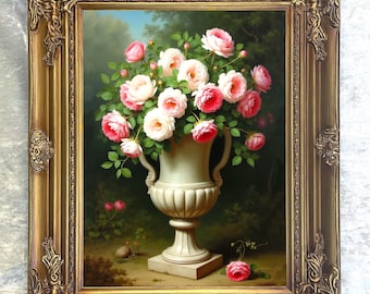 Ornate Framed Oil Painting Print on Canvas - Pink & White Roses in an Urn