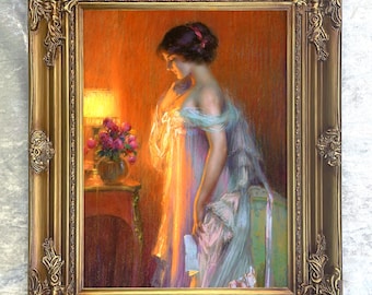 Kunstvolles gerahmtes Ölgemälde Druck auf Leinwand Porträt einer eleganten Dame bei Lampenlicht