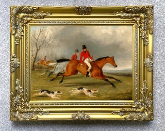 Fine Lithograph on Stretched Canvas of a Hunting Scene -Huntsman with Hounds