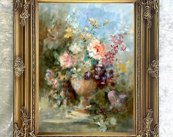 Ornate Framed Oil Painting Print on Stretched Canvas - Impressionist Still Life with Flowers