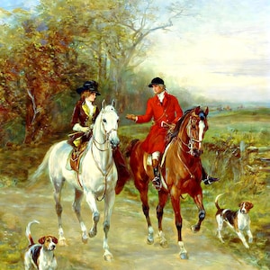 Puede incluir: Una pintura al &oacute;leo que representa a dos jinetes a caballo, uno sobre un caballo blanco y otro sobre un caballo marr&oacute;n, acompa&ntilde;ados por dos sabuesos. Los jinetes visten atuendos ecuestres tradicionales, incluyendo una chaqueta roja y sombreros negros.