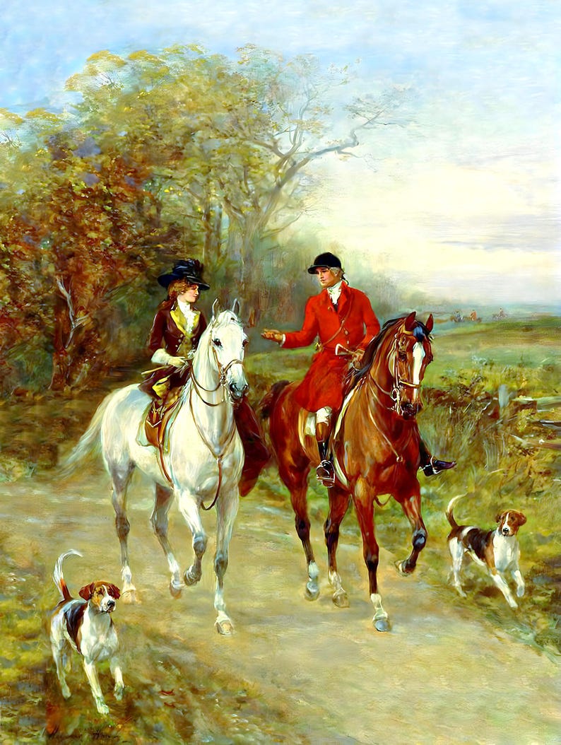 Puede incluir: Una pintura al &oacute;leo que representa a dos jinetes a caballo, uno sobre un caballo blanco y otro sobre un caballo marr&oacute;n, acompa&ntilde;ados por dos sabuesos. Los jinetes visten atuendos ecuestres tradicionales, incluyendo una chaqueta roja y sombreros negros.