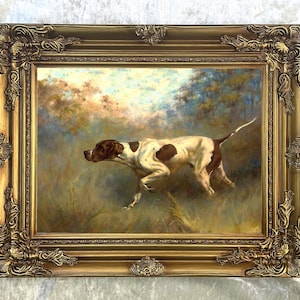 Fine Ornate Framed Oil Painting Print on Canvas of an English Pointer - &quot;On Point&quot;