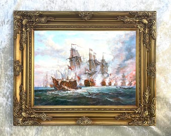 Superb Ornate Framed Oil Painting Print of the Battle of Trafalgar 1805