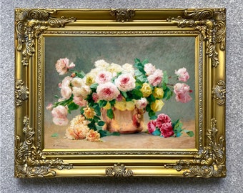 Exquisite Lithograph on Canvas - A Bouquet of Flowers in a Copper Bowl