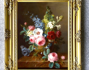 Fine Lithograph on Canvas - Still life of Roses & Bellflowers in a vase on a marble ledge