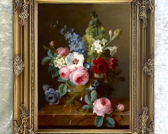 Ornate Framed Oil Painting Print on Canvas - Roses & Bellflowers in a vase