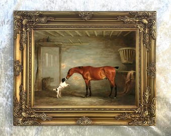Ornate Framed Oil Painting Print on Canvas of a Bay Horse in a Stable