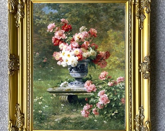 Stunning Still Life Lithograph on Canvas Still Life of Peonies in a Stone Urn