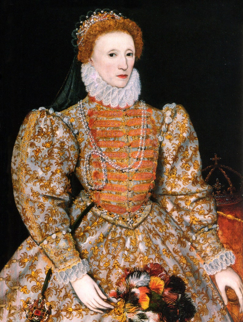 Grote vergulde ingelijste lithografie op uitgerekt canvas Portret van koningin Elizabeth 1e afbeelding 2