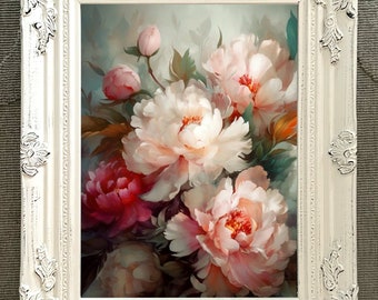 Exquisite Lithograph on Canvas Still Life of Pink & White Peonies