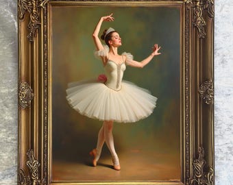 Prachtige sierlijke ingelijste olieverfschilderij op canvas van een prima ballerina