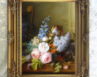 Exquisite Ornate Framed Oil Painting Print on Canvas - Assorted Flowers on a Marble Ledge
