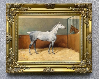 Fine Lithograph on Canvas - Dapple Grey Horse in a Stall