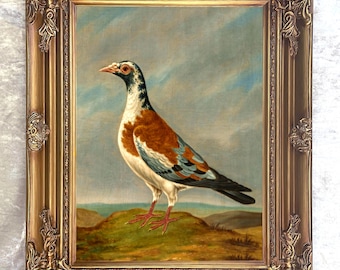 Ornate Framed Oil Painting Print on Canvas of a "Trooper Pigeon" in a Rural Landscape