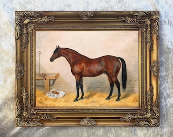 Ornate Framed Oil Painting Print on Canvas - Bay Racehorse in a Stall aft. Frank Paton