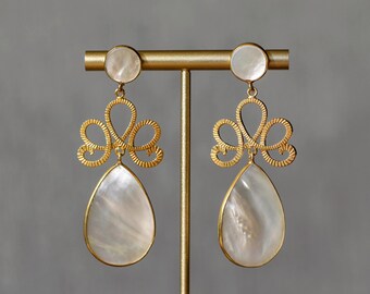 18k Gold Plate 925 Sterling Natural Pearl Shell Stone Earrings - Women’s Teardrop Earrings - Sterling Silver Gold Gemstone Earrings