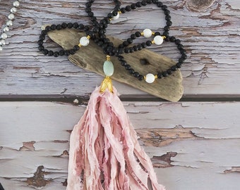 Handmade Protective Lava Rock All-Natural Sari Silk Mala Necklace