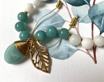 Amazonite Beads Necklace - Amazonite Gold Plated Long Necklace - Amazonite Leaf Charm Mala Necklace