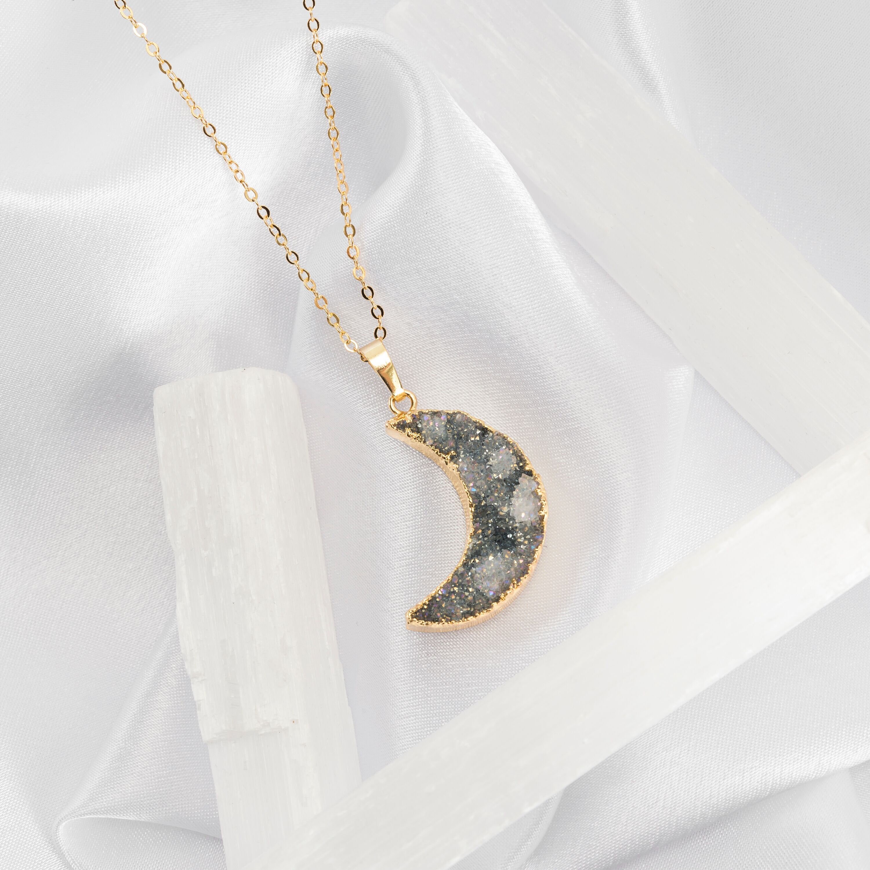 Quartz Moon Necklace - Quartz Moon Jewelry - Druzy Moon Necklace - Cr…
