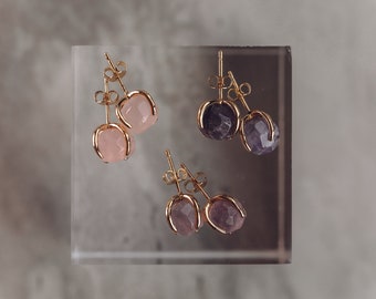 Natural Stone Prong-Held Stud Earrings - Quartz Amethyst Amazonite Natural Stud Earrings - Women's Natural Small Stud Earrings