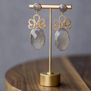 18k Gold Dipped Serling Silver Grey Chalcedony Gem Stone Earrings - Teardrop Earrings - Sterling Silver Women’s Dangle Earrings