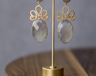 18k Gold Dipped Serling Silver Grey Chalcedony Gem Stone Earrings - Teardrop Earrings - Sterling Silver Women’s Dangle Earrings