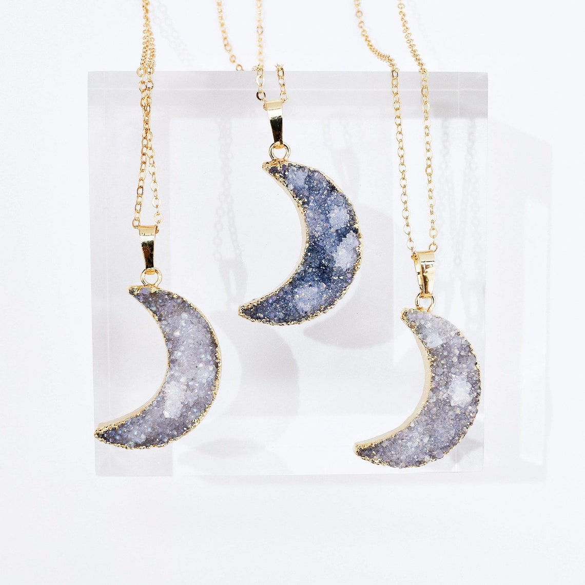 Quartz Moon Necklace Quartz Moon Jewelry Druzy Moon | Etsy