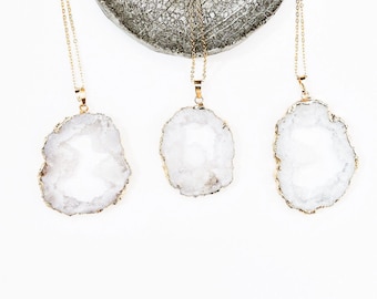 24k Gold Plated Crystal Quartz Geode Necklace - Natural Quartz Pendant - Cleansing, Purifying, Aura Protector and Energizer