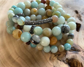 Amazonite Beaded Bracelet Set - Natural Zen Women Stretch Bracelets - Beaded Stretch Bracelet Natural Protective