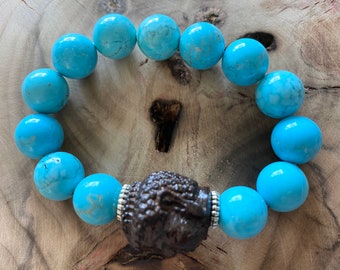 Buddha Head Charm Turquoise Beaded Bracelet - Buddha Turquoise Gemstone Bracelet - Turquoise Stone Buddha Jewelry