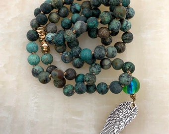 Turqouise Beaded Boho Necklace - Turquoise Beaded Angel Wing Necklace - Turquoise Jewelry With Angel Wing Charm