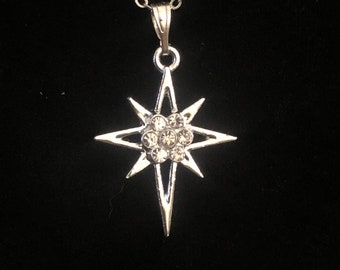 Y2K North Star Necklace, Polaris, Silver, Crystal, Grunge