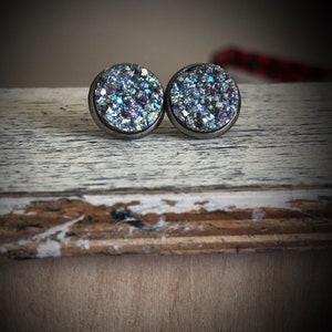 Rainbow Silver Druzy Stud Earrings, Stainless Steel, 12mm, Stud Earrings, Silver Sparkle, Faux Druzy