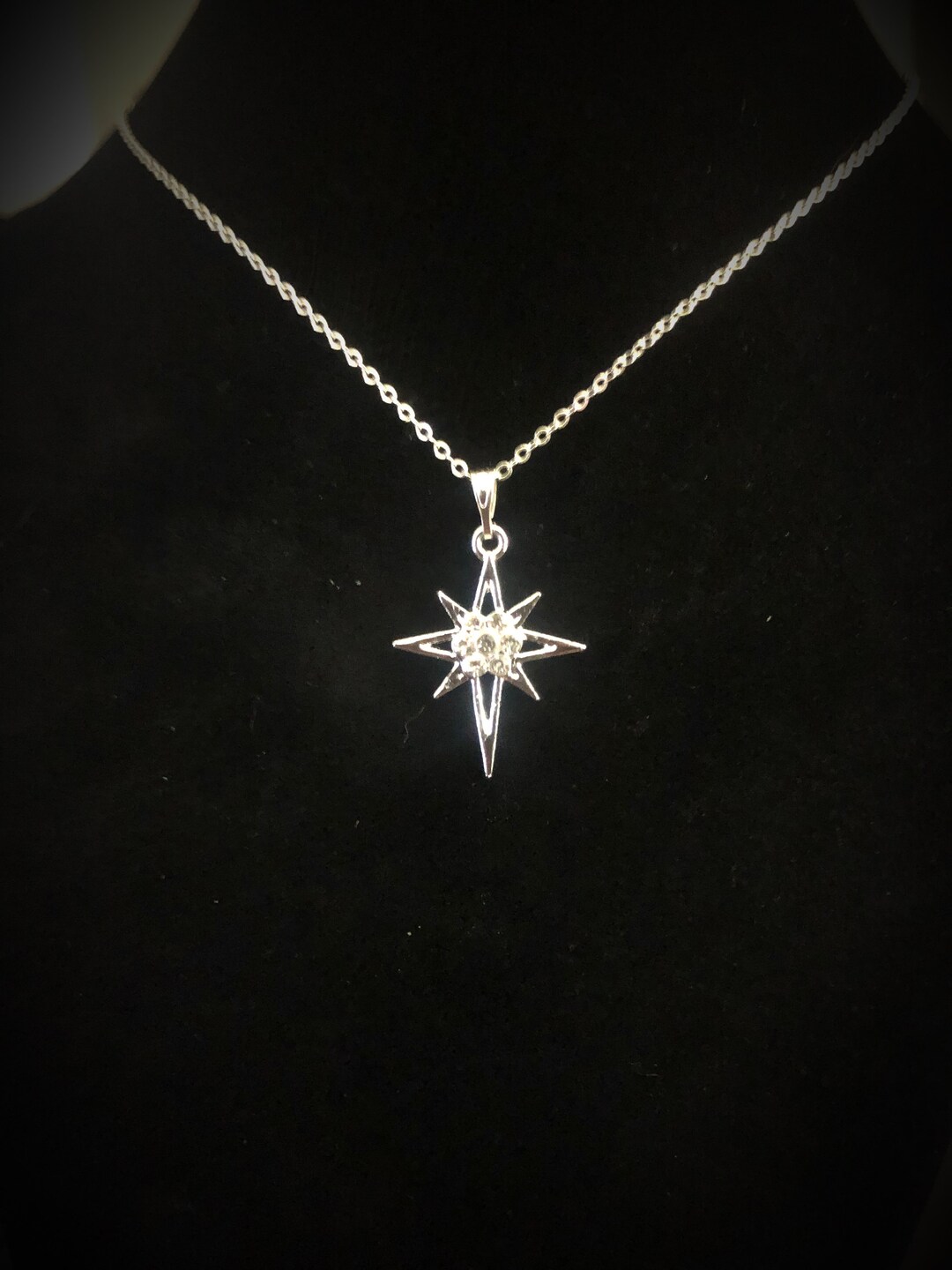 Y2K North Star Necklace, Polaris, Silver, Crystal, Grunge