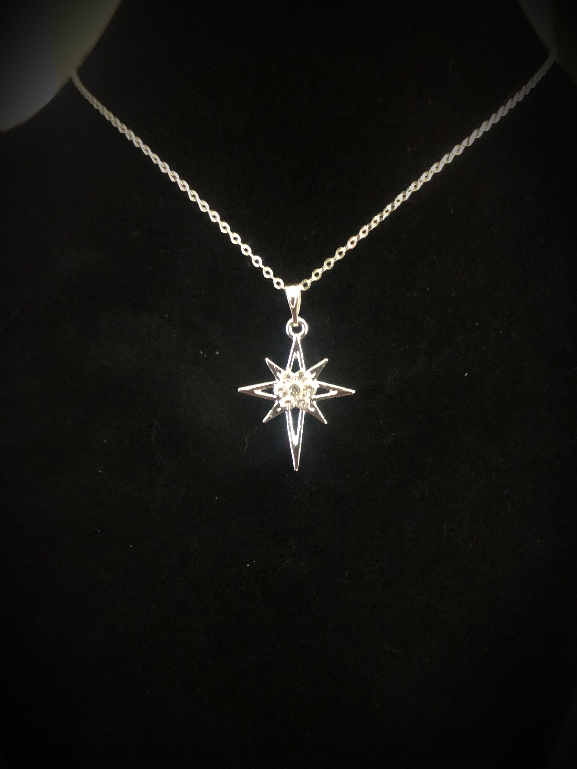 Y2K North Star Necklace, Polaris, Silver, Crystal, Grunge