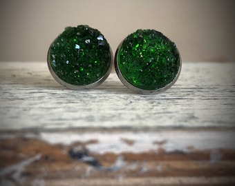 Emerald Green Druzy Stud Earrings, Studs, Dark Green, Stainless Steel, 12mm, Gifts for her, Minimalist, Forest Green