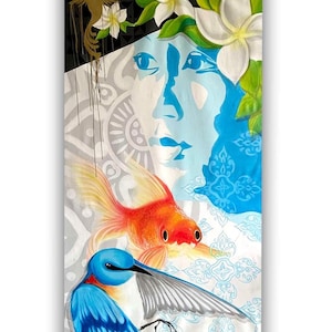 Mi chica hawaiana, pintura acrílica extragrande sobre lienzo, pez dorado, pájaro azul, diseño de azulejos, naturaleza hawaiana, retratos étnicos, técnicas mixtas