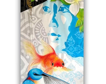 My Hawaiian Girl, extra large acrylic painting on canvas, goldfish, bluebird, tiles design, Hawaii nature, ethnic portraits, mix techniques