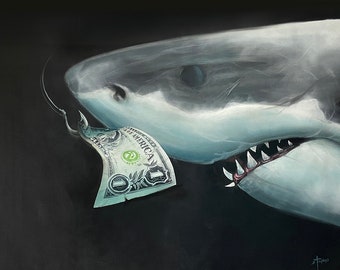 Handmade contemporary art painting,Shark attack dollar, Acrylic canvas painting, Medium size painting, Sea life painting, Dollar artwork