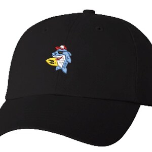 Unisex Adult Washed Dad Hat Fun Funny Surfboard Surfing Shark In Sunglasses And Trucker Hat Cartoon Embroidery Sketch Design