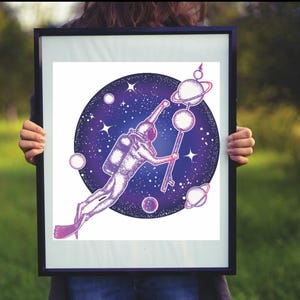 Hermoso icono artístico colorido morado con degradado de buzo, astronauta espacial, dibujos animados 813641902, arte digital, descarga de impresiones