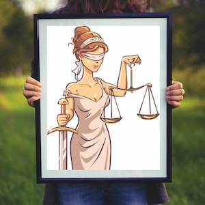 Hermosa y artística dama de la justicia, diosa griega titán Themis, caricatura 451170701, arte digital, descarga de impresiones