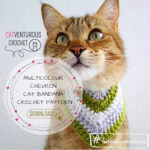 May include: A crochet pattern for a multicolor chevron cat bandana. The pattern is available for download. The image shows a cat wearing the bandana, looking up with a curious expression. #fashionablycatventurous